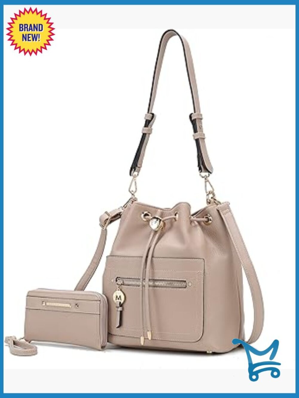 Large Vegan Leather Crossbody Bucket Bag with Wristlet Wallet